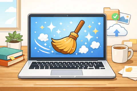 ノートパソコンとほうきのイラスト