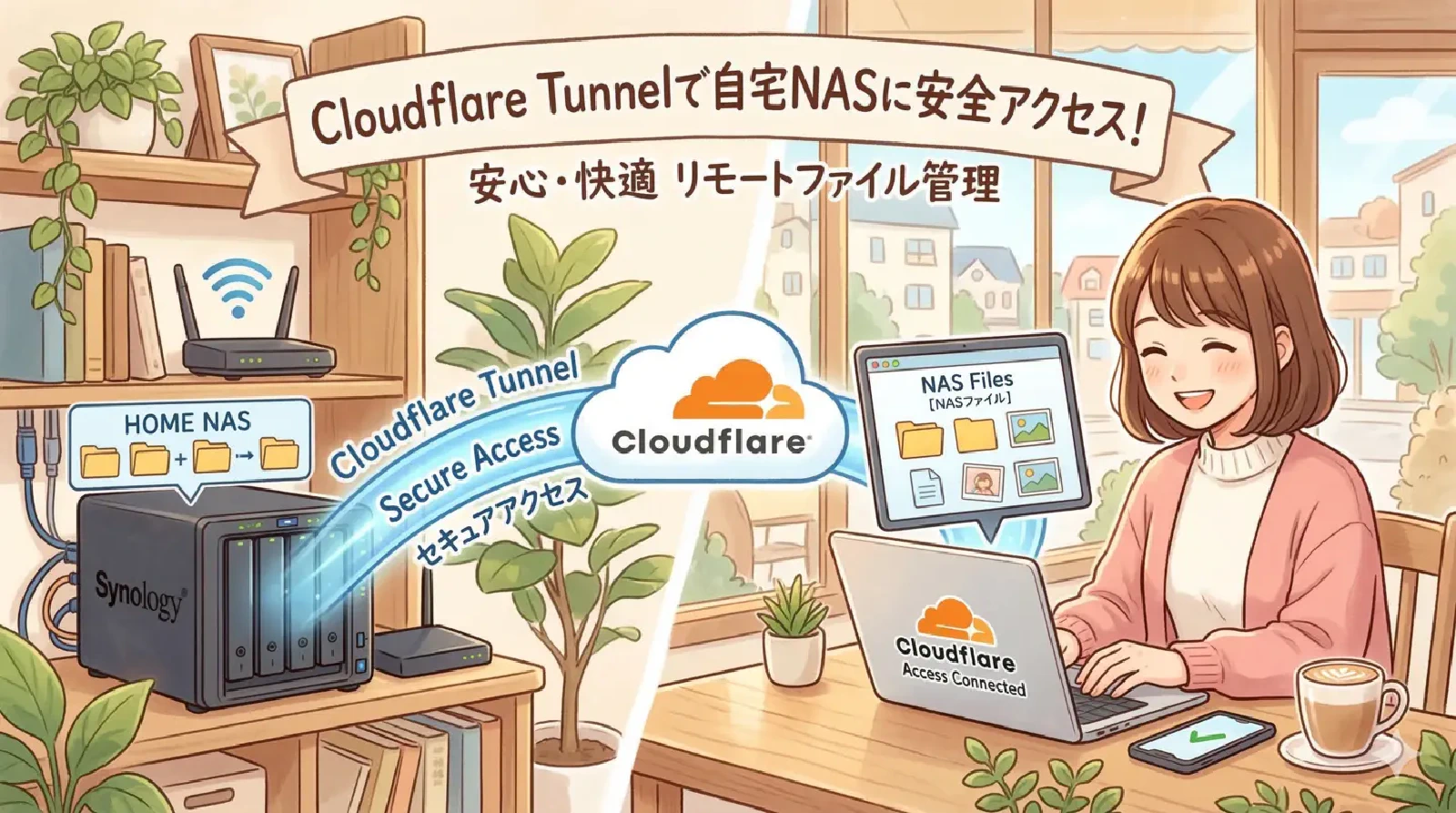 Cloudflare Tunnelを使って自宅NASにセキュアにアクセスする構成のイメージ
